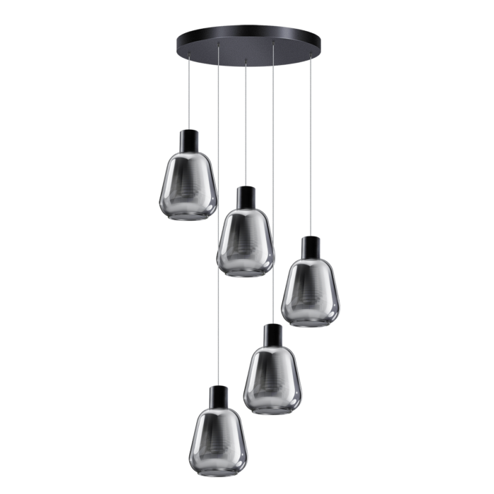 Hanglamp Gary zwart 5-lichts smoke glazen met ronde plafondplaat