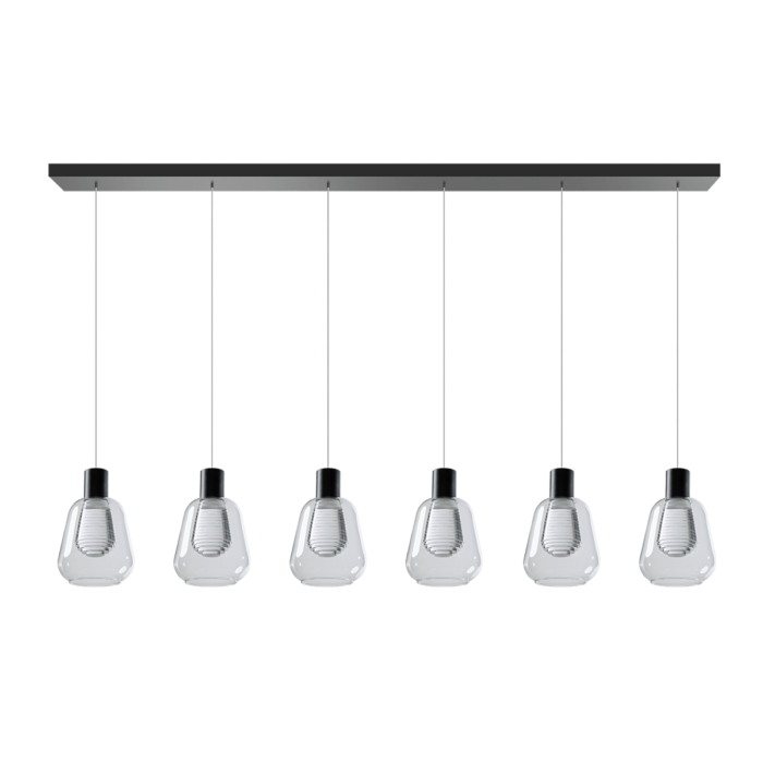 Hanglamp Gary zwart 6-lichts heldere glazen met langwerpige plafondplaat