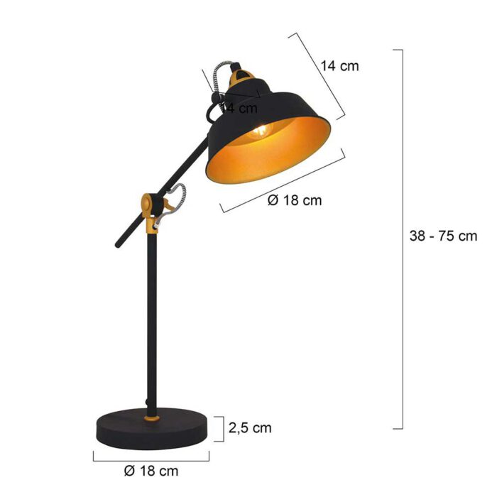 Industriële tafellamp 1-lichts metaal MEXLITE - 1321ZW - tafellamp - industrieel - bureaulamp - zwart - Mexlite