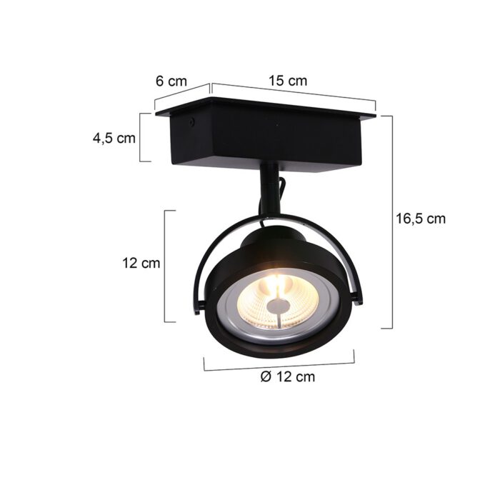Industriële plafondspot - opbouwspot -  1-lichts LED MEXLITE - 1450ZW - Spots - Plafondlamp met 1 spot - industriële spot - Mexlite - Industrieel - Stoer- Zwart  - Metaal