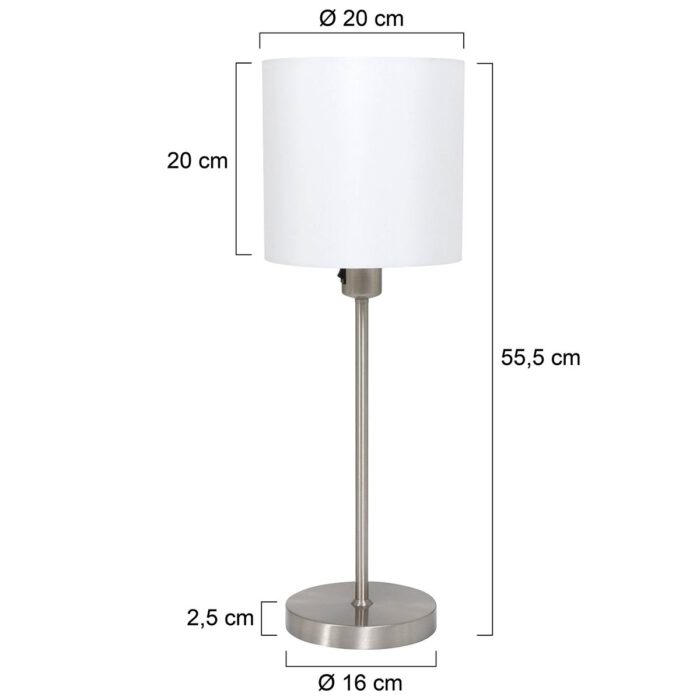 Tafellamp - staal inclusief witte linnen kap - 56 cm hoog - Noor - 1562ST - Mexlite. De lamp is te bedienen met een schakelaar op het armatuur.