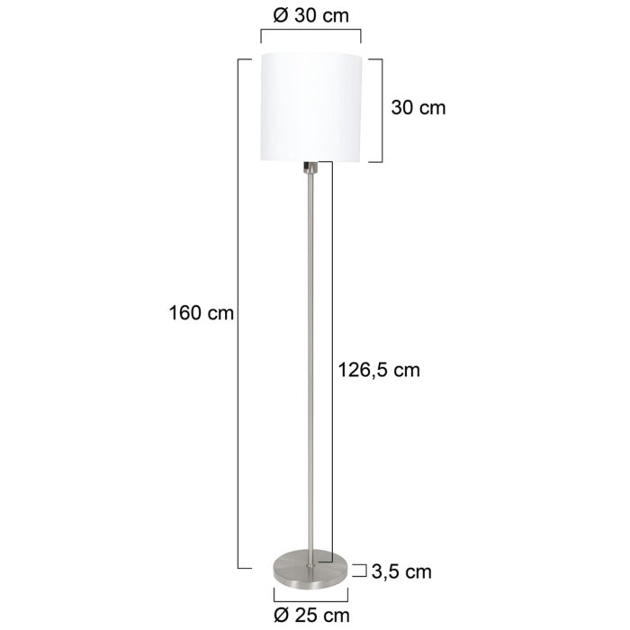 Vloerlamp - staal inclusief witte linnen kap - 160 cm hoog - Noor - 1564ST - Mexlite. De lamp is te bedienen met een schakelaar op het armatuur.