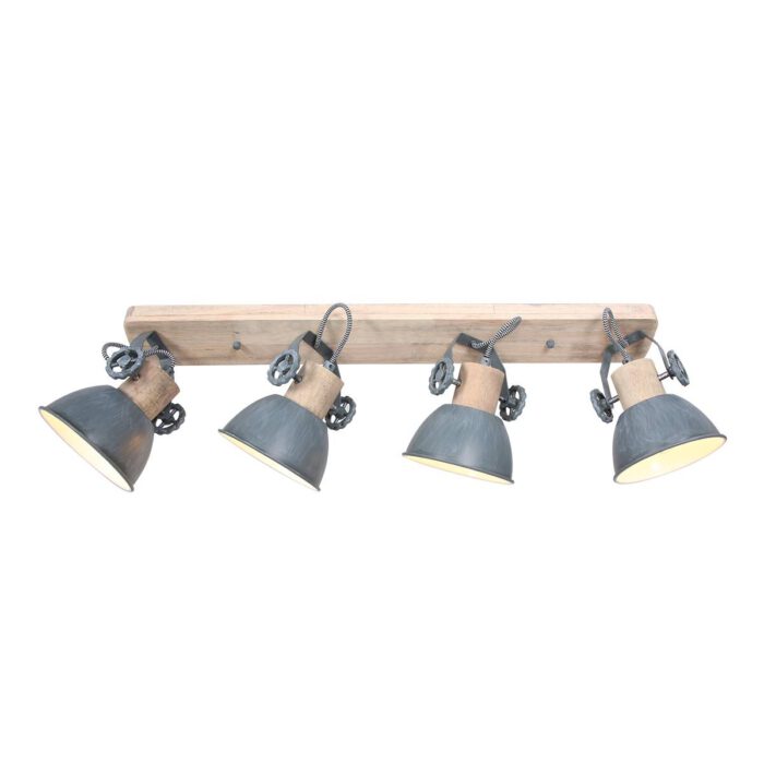 Plafondlamp - wandlamp - spot 4-lichts E27 - grijs en hout - Gearwood - Mexlite