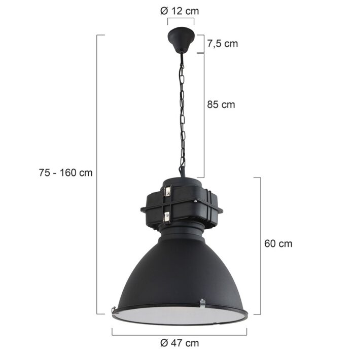 industriële hanglamp industrie glas 48cm MEXLITE - 7779ZW - Industriële hanglamp - Industrielamp - Mexlite - Fender - Industrieel - Trendy - Zwart Mat zwart - Metaal