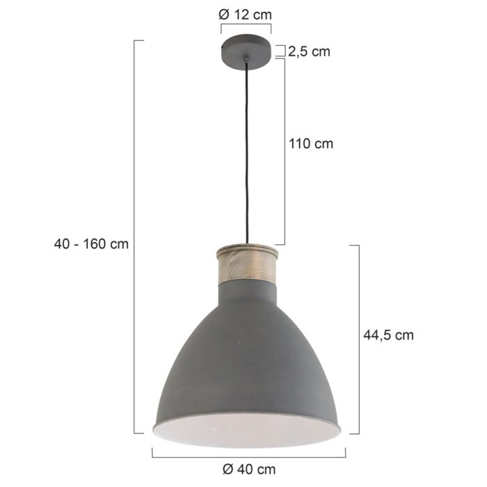 Hanglamp 1-lichts 42cm - grijs en hout - Metta - Mexlite