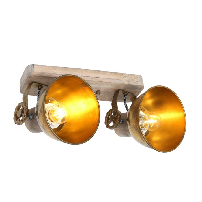 Plafondspot of wandspot 2-lichts E27 - brons en hout - Gearwood - Mexlite