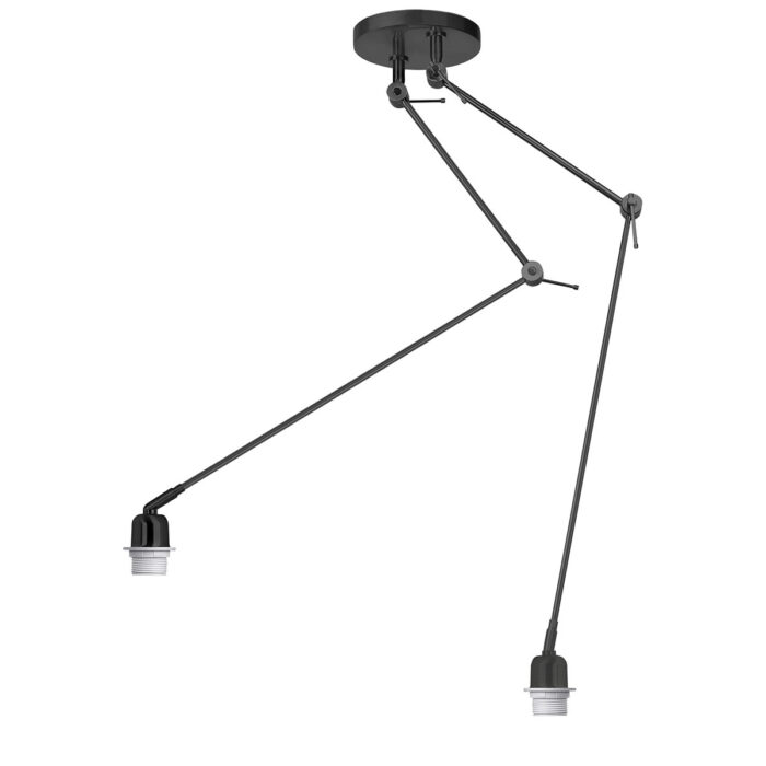 Hanglamp - Plafondlamp - Rod van HIGH LIGHT - 2-lichts - hoogte 140 cm - reikwijdte 2 x 90 cm -  De prijs betreft het mat zwarte armatuur met twee hengels -  De lamp is bovenin draaibaar en op de hengels verstelbaar -  Op de plaats waar lampenkappen op bevestigd kunnen worden zit in het armatuur een mogelijkheid om de kappen te verstellen -  De lamp is dimbaar met een externe wanddimmer (exclusief) -  Het armatuur wordt geleverd exclusief lampenkappen en lichtbronnen -  Kijk voor mooie lampenkappen en E27 fitting LED lampen in onze webshop -  Een lampenkap van 35 tot 40 cm doorsnede past perfect bij dit armatuur -  P6091 - 01
