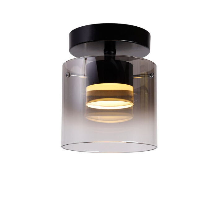 Plafondlamp Salerno - LED - mat zwart - 1-lichts - glas Smoke - transparant rookglas - doorsnede 16 cm - hoogte glas 14 cm - dimbaar - incl -  lichtbron LED 9 Watt - HIGH LIGHT -  Moderne sfeervolle plafondlamp uit de Salerno serie van High Light -