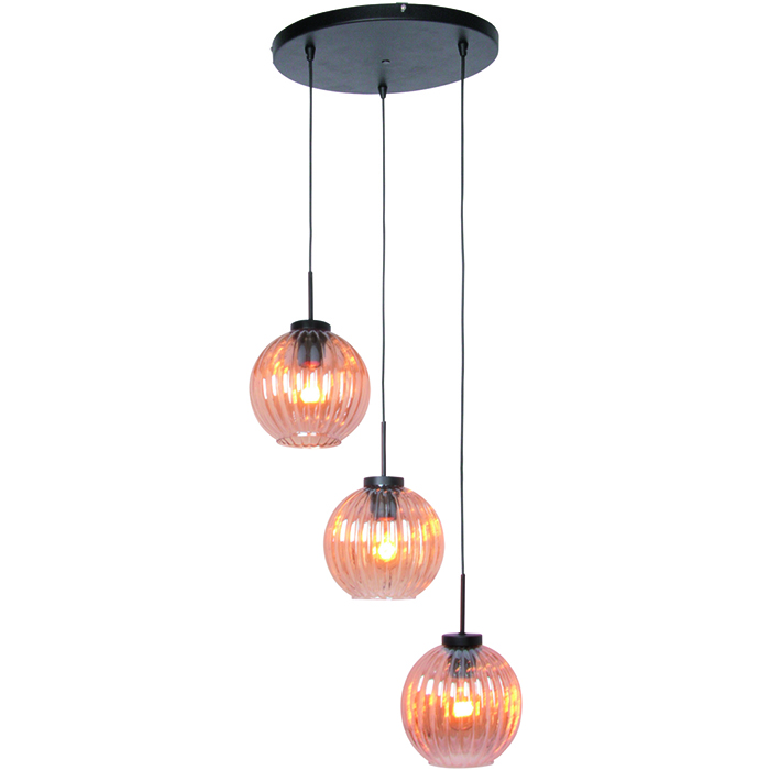 Hanglamp 'Zucca' 3-lichts Rond Zwart-Amber Glas FREELIGHT - H 8803 A