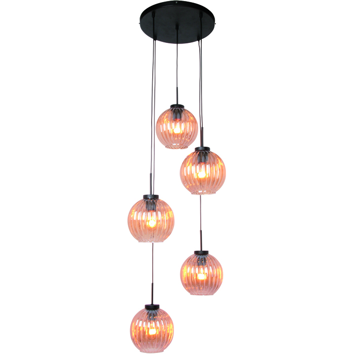 Hanglamp 'Zucca' 5-lichts Rond Zwart-Amber Glas FREELIGHT - H 8805 A