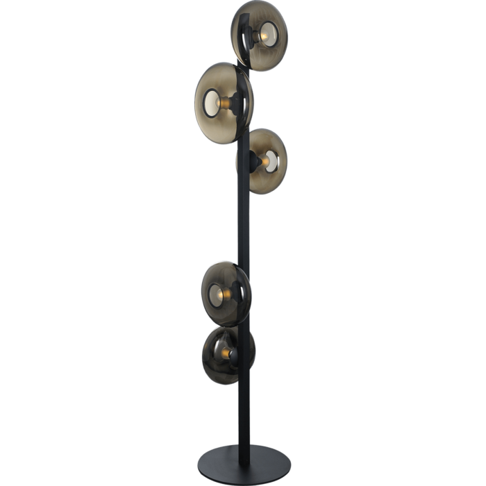 Vloerlamp Hoseki 5-lichts zwart hoogte 171cm - 3x left 2x right - 3x glas smoke Ø23cm + 2x Ø28cm - MASTERLIGHT