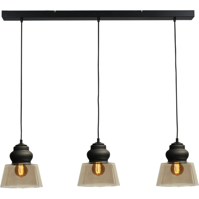Hanglamp Opaco 3-lichts mat zwart 100x8cm 3x glas smoke Ø22x21cm - MASTERLIGHT