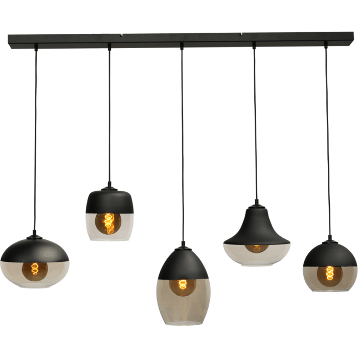 Hanglamp Opaco 5-lichts mat zwart 130x8cm 5x glas smoke 62270-05-1 + 62270-05-2+ 62270-05-4 + 62270-05-5 + 62270-05-8 - MASTERLIGHT