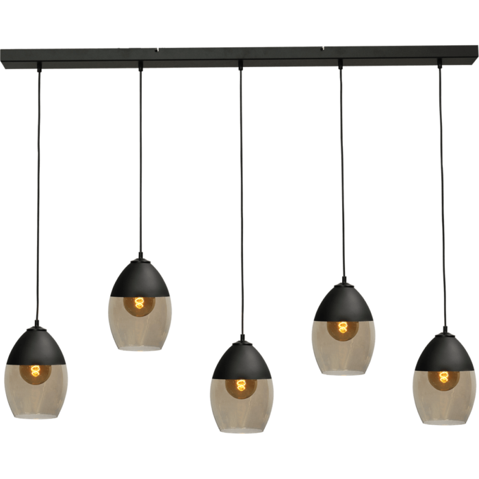 Hanglamp Opaco 5-lichts mat zwart 130x8cm 5x glas smoke Ø19x26cm - MASTERLIGHT