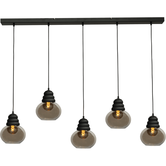 Hanglamp Opaco 5-lichts mat zwart 130x8cm 5x glas smoke Ø21x24cm - MASTERLIGHT