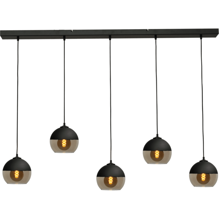Hanglamp Opaco 5-lichts mat zwart 130x8cm 5x glas smoke Ø20x20cm - MASTERLIGHT