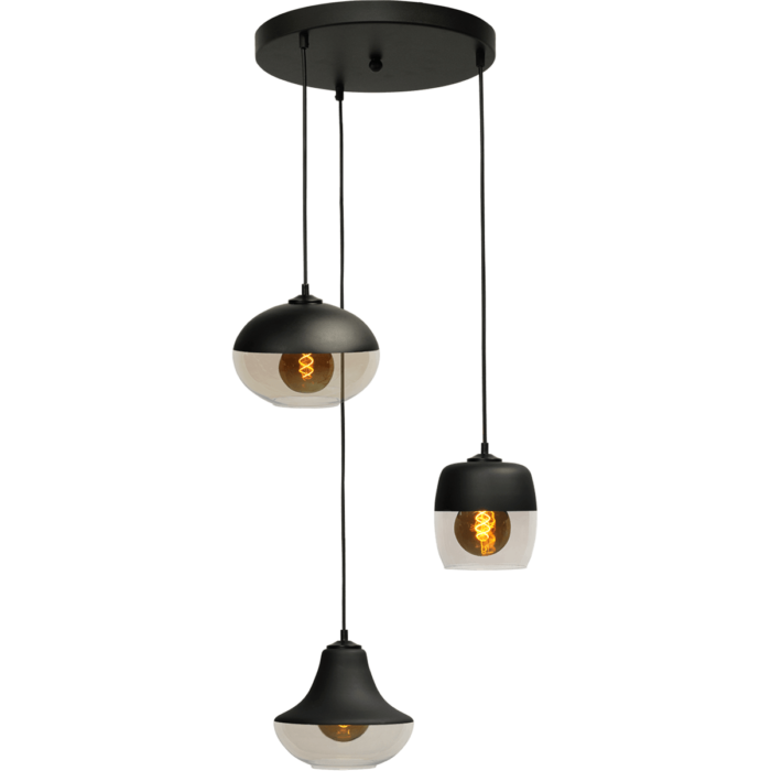 Hanglamp Opaco 3-lichts mat zwart base Ø35cm glas smoke 62270-05-1+62270-05-2+62270-05-5 - MASTERLIGHT