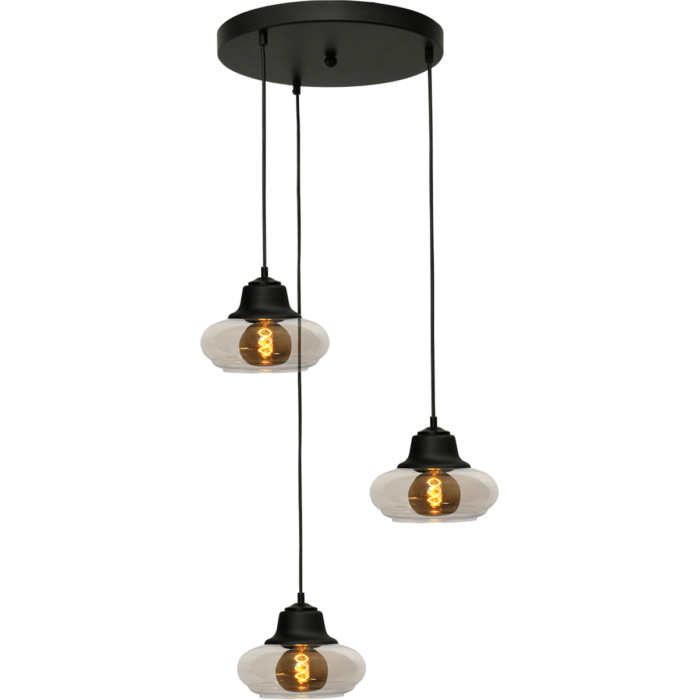 Hanglamp Opaco 3-lichts mat zwart base Ø35cm 3x glas smoke Ø21x17cm - MASTERLIGHT