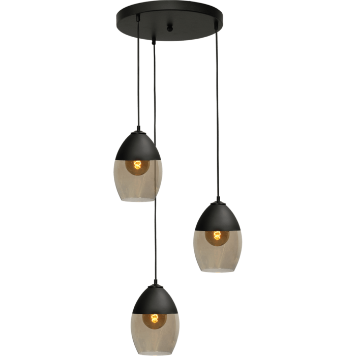Hanglamp Opaco 3-lichts mat zwart base Ø35cm 3x glas smoke Ø19x26cm - MASTERLIGHT