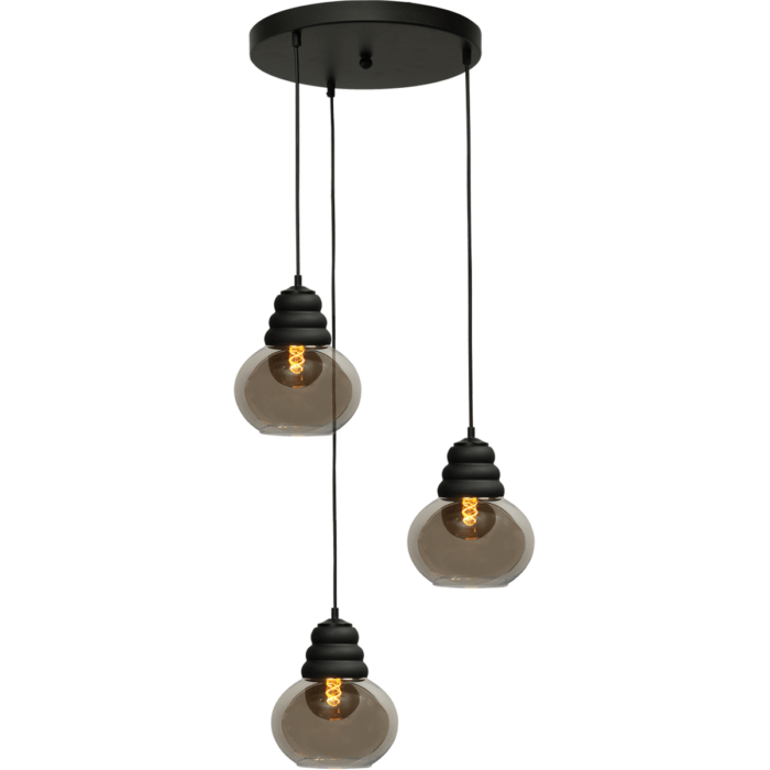 Hanglamp Opaco 3-lichts mat zwart base Ø35cm 3x glas smoke Ø21x24cm - MASTERLIGHT