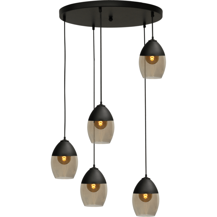 Hanglamp Opaco 5-lichts mat zwart base Ø50cm 5x glas smoke Ø19x26cm - MASTERLIGHT