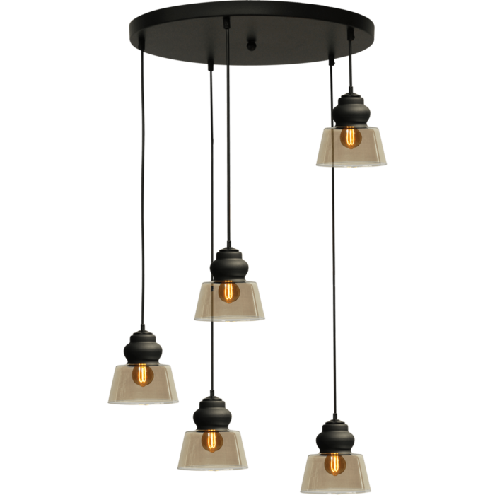 Hanglamp Opaco 5-lichts mat zwart base Ø50cm 5x glas smoke Ø22x21cm - MASTERLIGHT