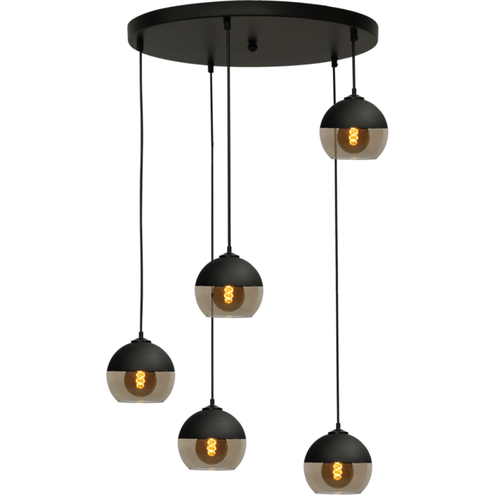 Hanglamp Opaco 5-lichts mat zwart base Ø50cm 5x glas smoke Ø20x20cm - MASTERLIGHT