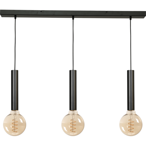 Hanglamp Tomasso 3-lichts mat zwart - plafondplaat zwarte 100x8cm - zwarte stoffen kabel 150cm - MASTERLIGHT
