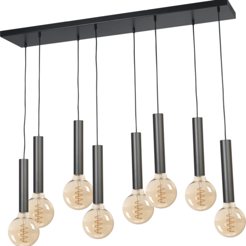 Hanglamp Tomasso 8-lichts mat zwart - plafondplaat zwarte 130x25cm - zwarte stoffen kabel 150cm - MASTERLIGHT