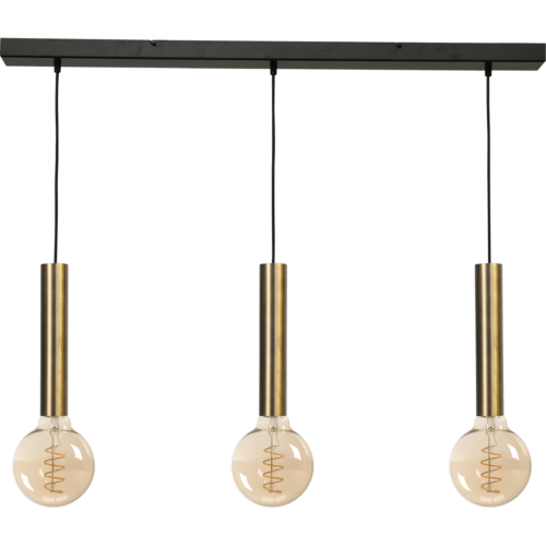 Hanglamp Tomasso 3-lichts antiek messing - plafondplaat zwarte 100x8cm - zwarte stoffen kabel 150cm - MASTERLIGHT