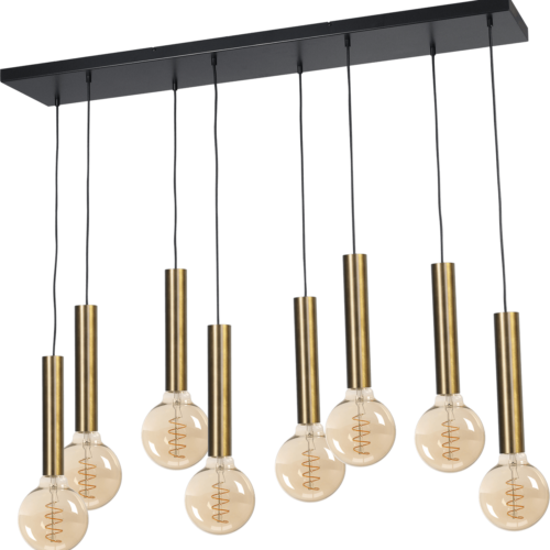Hanglamp Tomasso 8-lichts antiek messing - plafondplaat zwarte 130x25cm - zwarte stoffen kabel 150cm - MASTERLIGHT