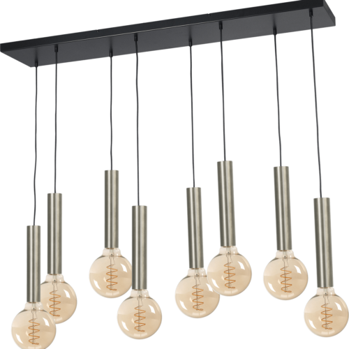 Hanglamp Tomasso 8-lichts nikkel mat - plafondplaat zwarte 130x25cm - zwarte stoffen kabel 150cm - MASTERLIGHT