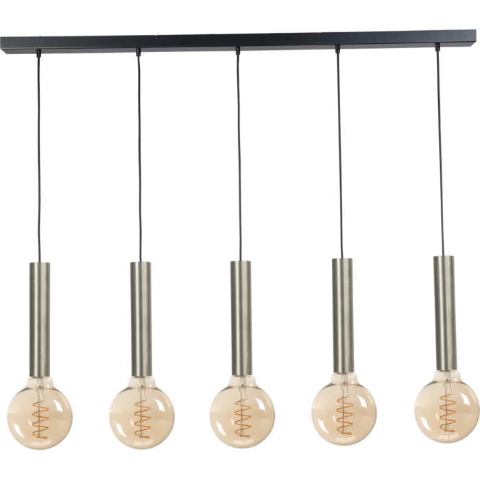 Hanglamp Tomasso 5-lichts nikkel mat - plafondplaat zwarte 130x8cm - zwarte stoffen kabel 150cm - MASTERLIGHT