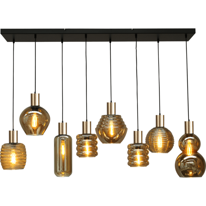 Hanglamp Bounty 8-lichts mat zwart/mat goud 130x25cm - zwart textile kabel 150cm + glas smoke - 1x1 + 1x 3 + 1x 5 + 2x 7 + 1x 8 + 1x 6 + 1x 2 - MASTERLIGHT