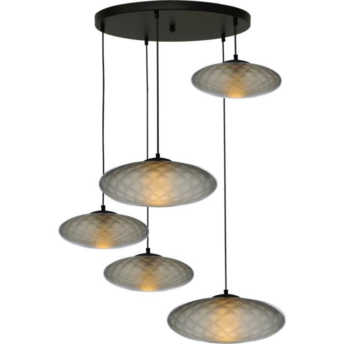 Hanglamp Bottega 5-lichts matt zwart Ø50cm - glas smoke 3x Ø30cm + 2x Ø40cm - zwarte stoffen kabel 350cm - MASTERLIGHT