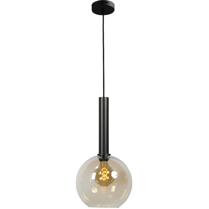 Hanglamp Bella -  1-lichts mat zwart - glas smoke Ø25cm - zwarte pvc kabel 150cm - MASTERLIGHT