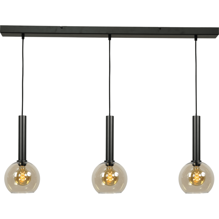 Hanglamp Bella -  3-lichts mat zwart - plafondplaat mat zwart 100x8cm - zwarte pvc kabel 150cm - + 3x glas 62260-05-20-20 - MASTERLIGHT