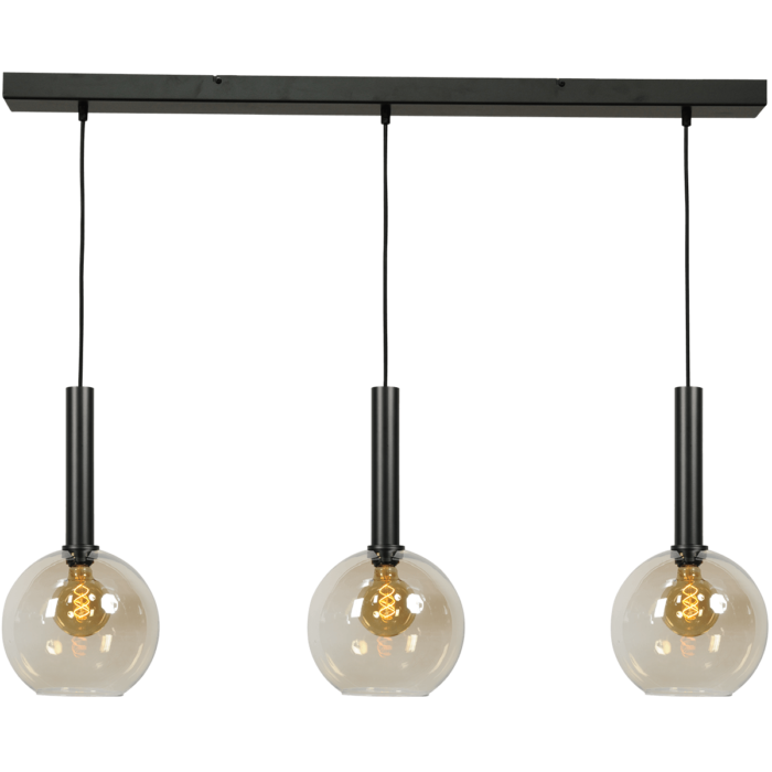 Hanglamp Bella -  3-lichts mat zwart - plafondplaat mat zwart 100x8cm - zwarte pvc kabel 150cm - + 3x glas 62260-05-20-25 - MASTERLIGHT