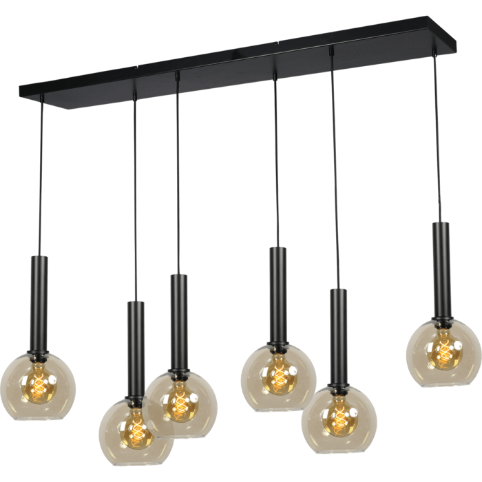Hanglamp Bella -  6-lichts mat zwart - plafondplaat mat zwart 130x25cm - zwarte pvc kabel 150cm - + glas 6x 62260-05-20-20 - MASTERLIGHT
