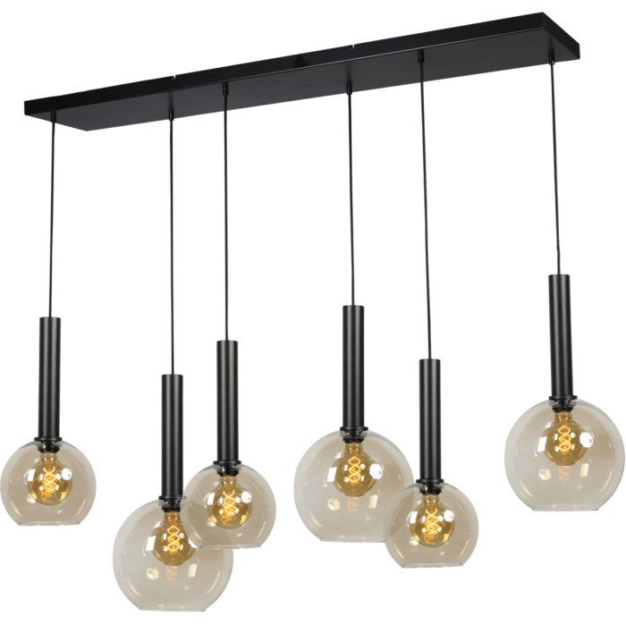 Hanglamp Bella -  6-lichts mat zwart - plafondplaat mat zwart 130x25cm - zwarte pvc kabel 150cm - + glas 3x 62260-05-20-20 + 3x 62260-05-20-25 - MASTERLIGHT