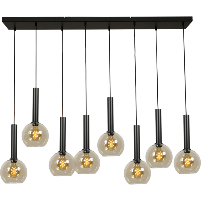 Hanglamp Bella -  8-lichts mat zwart - plafondplaat mat zwart 130x25cm - zwarte pvc kabel 150cm - + 8x glas 62260-05-20-20 - MASTERLIGHT