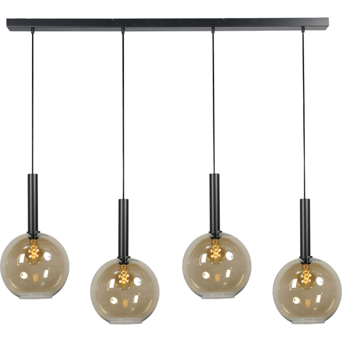 Hanglamp Bella -  4-lichts mat zwart - plafondplaat mat zwart 130x8cm - zwarte pvc kabel 150cm - + 4x glas 62260-05-20-30 - MASTERLIGHT