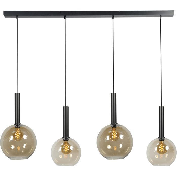 Hanglamp Bella -  4-lichts mat zwart - plafondplaat mat zwart 130x8cm - zwarte pvc kabel 150cm - + 2x glas 62260-05-20-25 + 2x 62260-05-20-30 - MASTERLIGHT