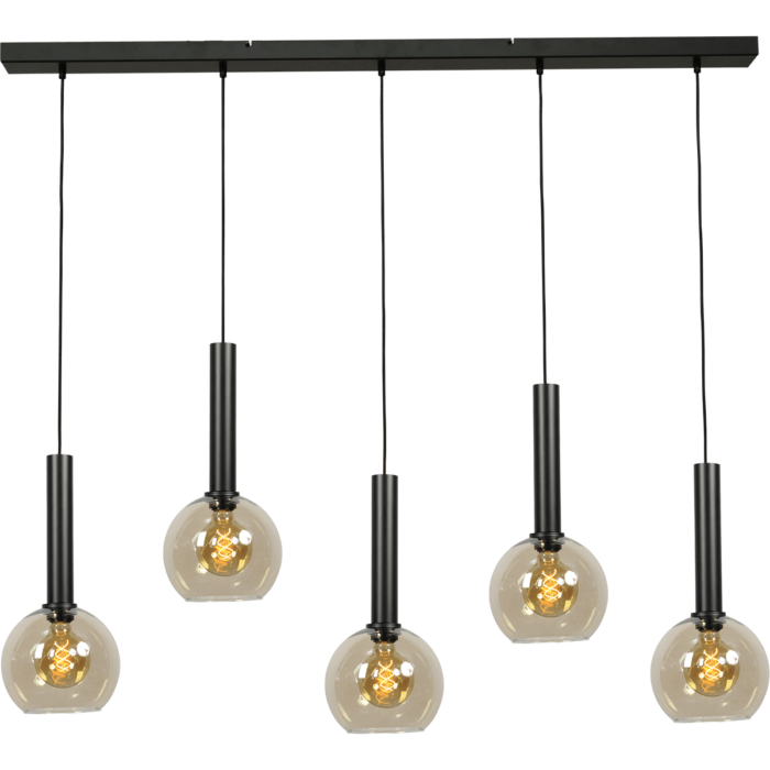 Hanglamp Bella -  5-lichts mat zwart - plafondplaat mat zwart 130x8cm - zwarte pvc kabel 150cm - + 5x glas Ø20cm 62260-05-20-20 - MASTERLIGHT