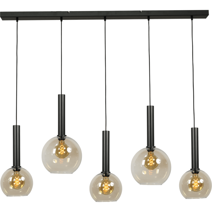 Hanglamp Bella -  5-lichts mat zwart - plafondplaat mat zwart 130x8cm - zwarte pvc kabel 150cm - + glas 3x 62260-05-20-20 + 2x 62260-05-20-25 - MASTERLIGHT