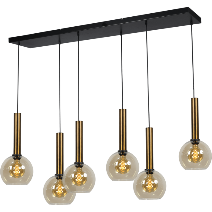 Hanglamp Bella -  6-lichts mat zwart/antiek brons - plafondplaat mat zwart 130x25cm - zwarte pvc kabel 150cm - + glas 6x 62260-05-20-20 - MASTERLIGHT