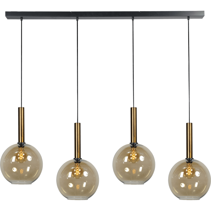 Hanglamp Bella -  4-lichts mat zwart/antiek brons - plafondplaat mat zwart 130x8cm - zwarte pvc kabel 150cm - + 4x glas Ø30cm 6220-05-20-30 - MASTERLIGHT