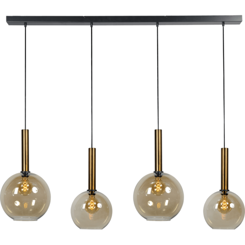 Hanglamp Bella -  4-lichts mat zwart/antiek brons - plafondplaat mat zwart 130x8cm - zwarte pvc kabel 150cm - + 2x glas 62260-05-20-25 + 2x 62260-05-20-30 - MASTERLIGHT