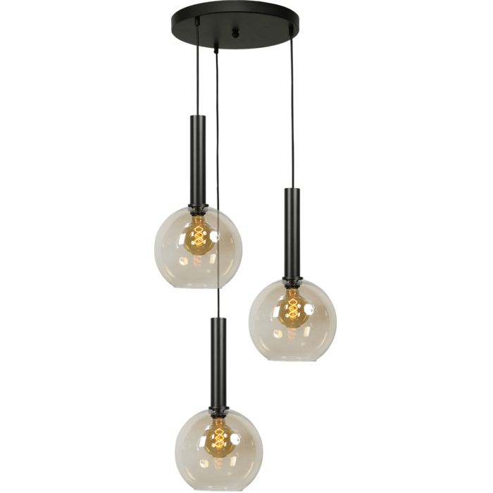 Hanglamp Bella -  3-lichts mat zwart Ø35cm - zwarte pvc kabel 150cm + glas 3x 62260-05-20-25 -  - MASTERLIGHT