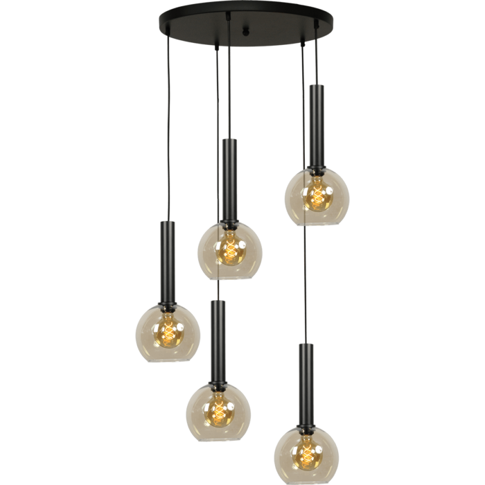Hanglamp Bella -  5-lichts mat zwart Ø50cm - zwarte pvc kabel 350cm + glas 5x 62260-05-20-20 -  - MASTERLIGHT